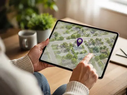 Person using a tablet map to choose a home location.