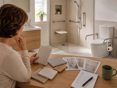 Person reviewing plans and materials for an accessible bathroom adaptation.