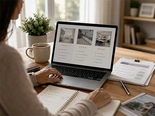 Person comparing home adaptation companies on a laptop.